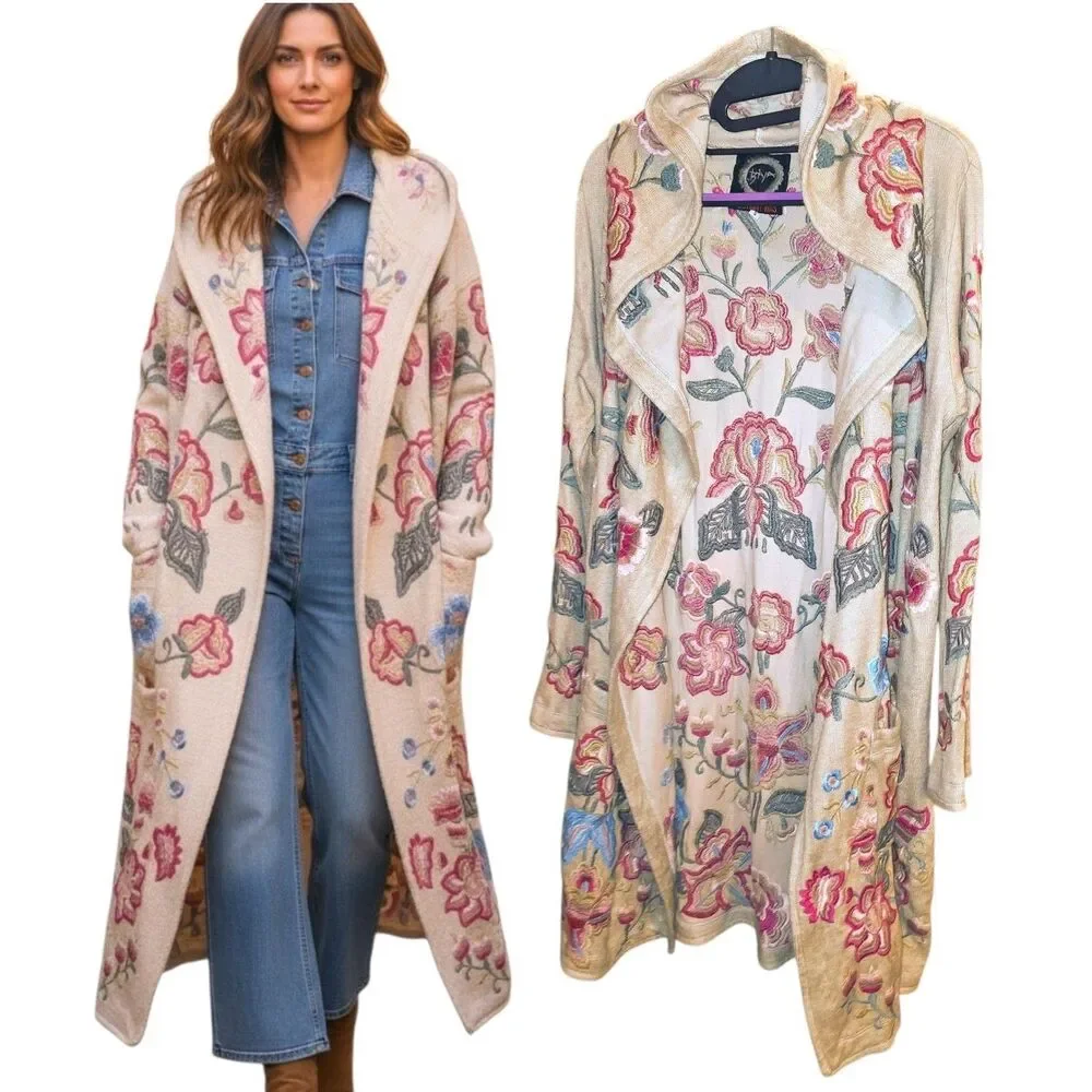 JOHNNY WAS BIYA Sz S Floral Embroidered Open Front Hood Cardigan Duster Sweater